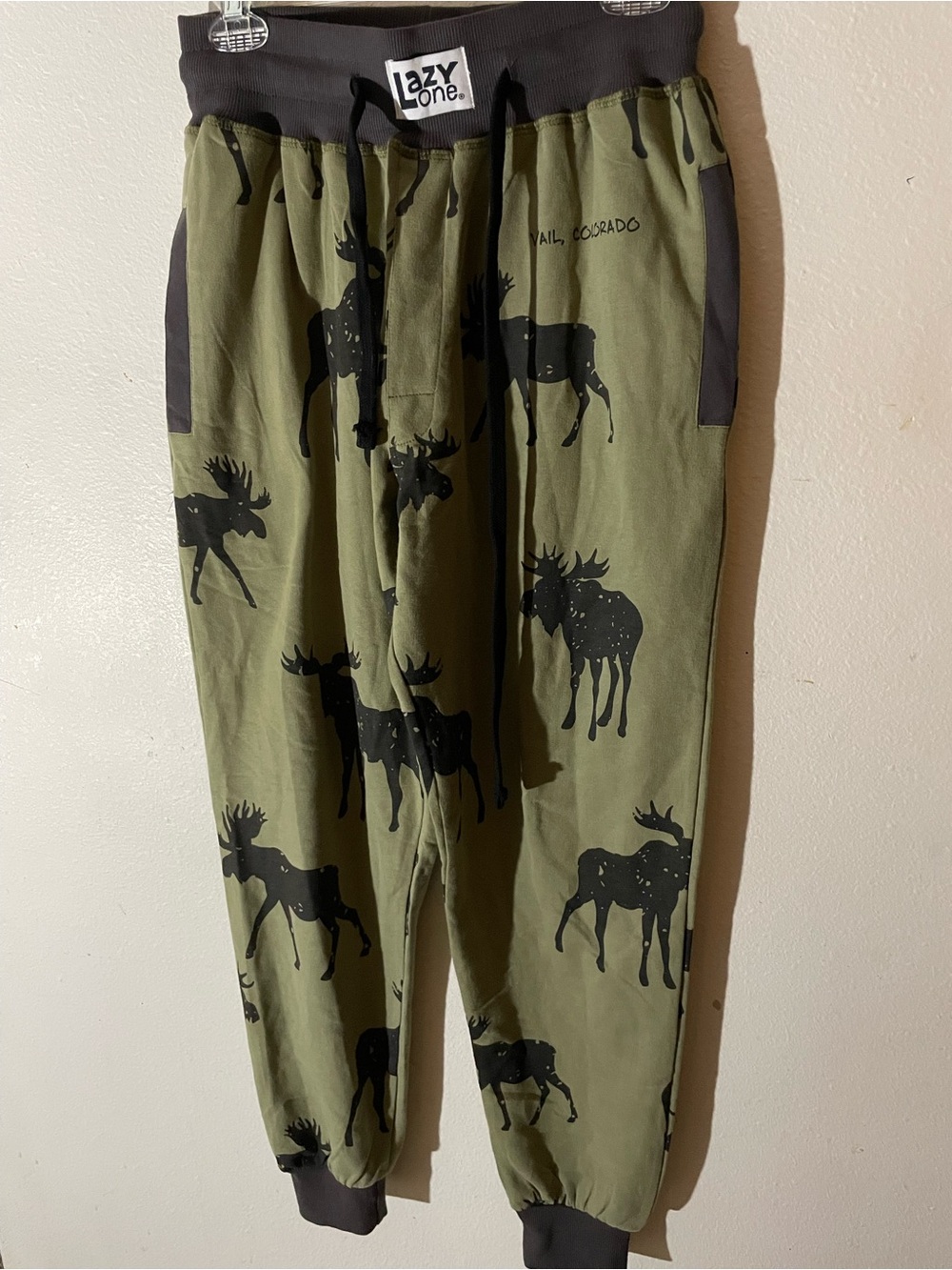 Lazy One Olive Green Joggers with Black Moose Motif